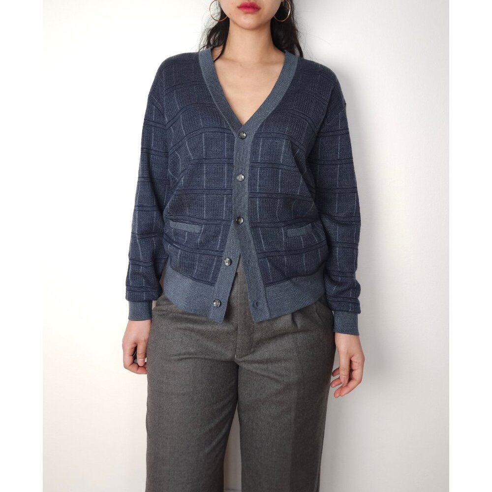 Vintage wool grandpa pattern classic v neck knit cardigan navy, dark blue